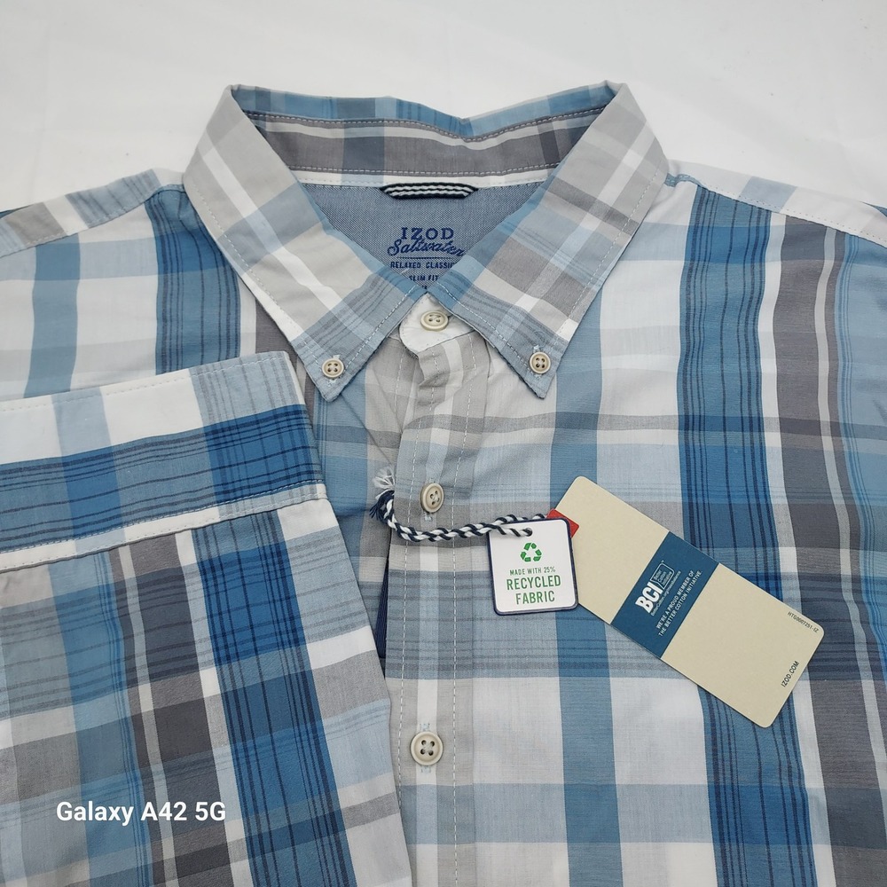 IZOD Saltwater Slim Fit Plaid Button‎ Down Shirt Mens XL Blue Grey 45GW553030